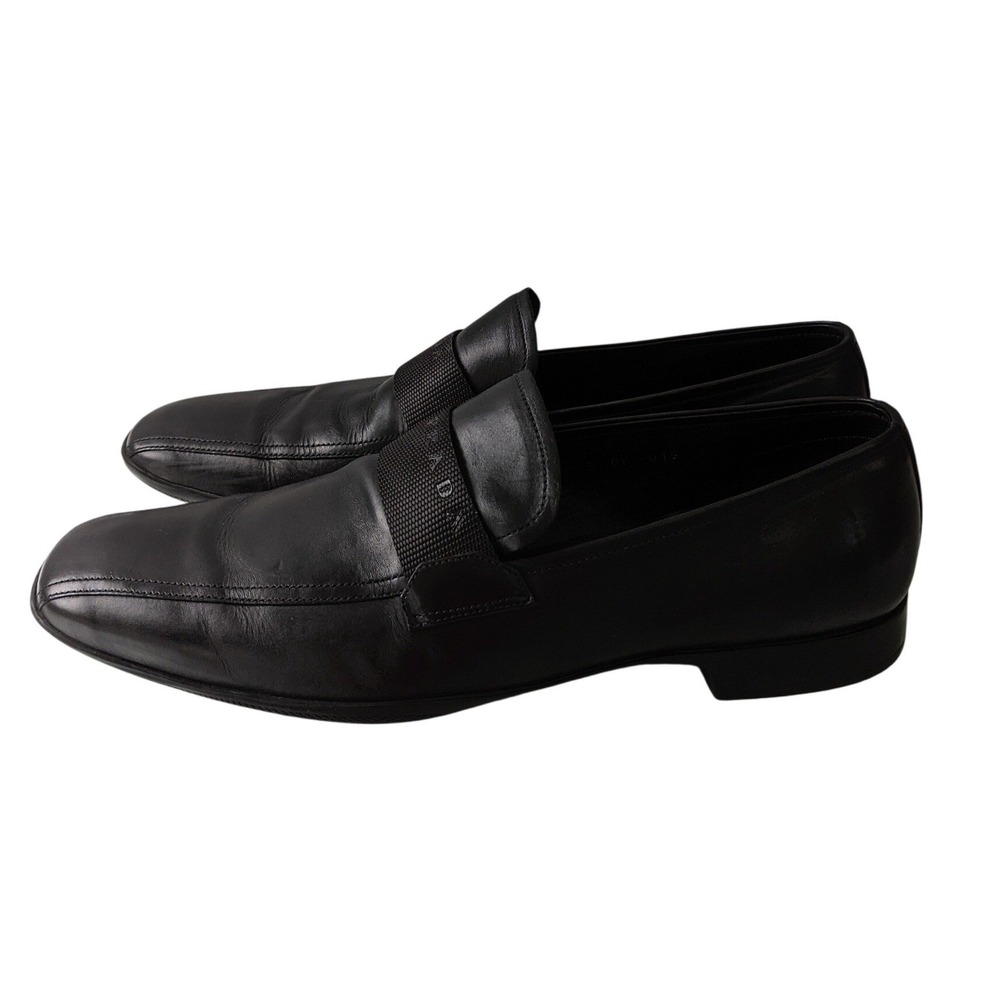 Prada Mens Black Leather Square Toe Logo Strap Loafers 2DE015 Size 9 Italy